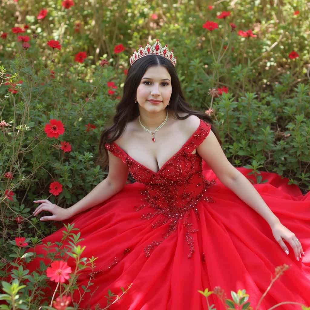 Quinceañera posando en vestido rosa con fondo elegante