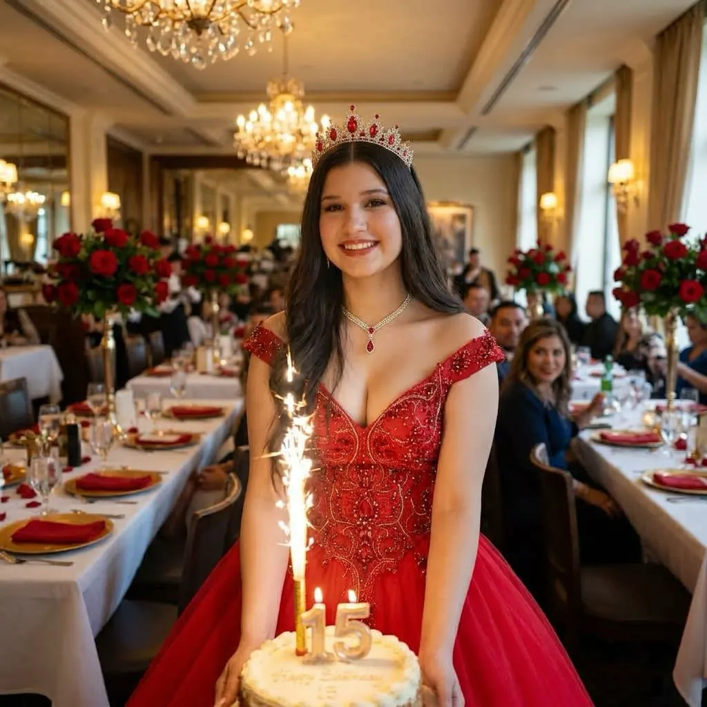 Foto de quinceañera retocada con IA: vestido y set de fiesta